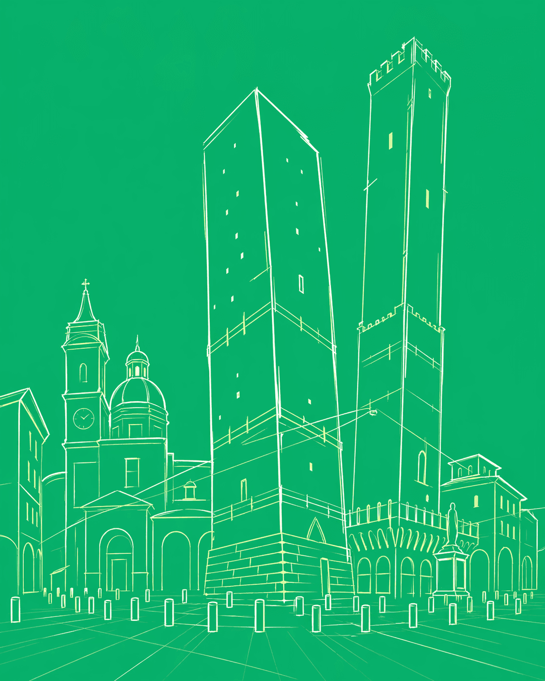 Line illustration of Bologna's two towers